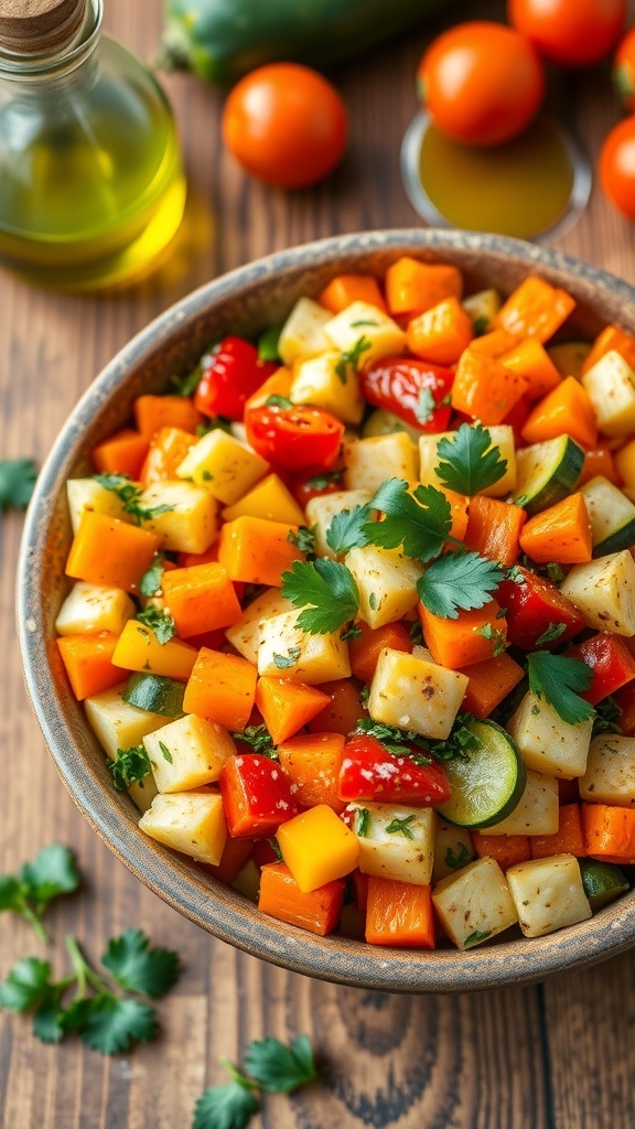 Healthy Air Fryer Vegetable Medley Recipe A colorful air-fried vegetable medley with bell peppers, zucchini, and carrots, garnished with parsley in a rustic bowl.